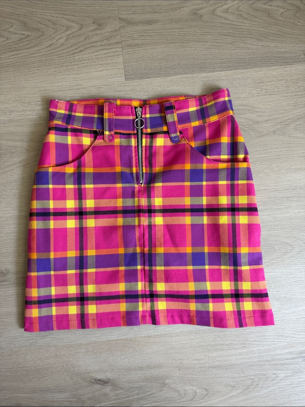 Dolls Kill Hot Pink Plaid Zip-Front Mini Skirt